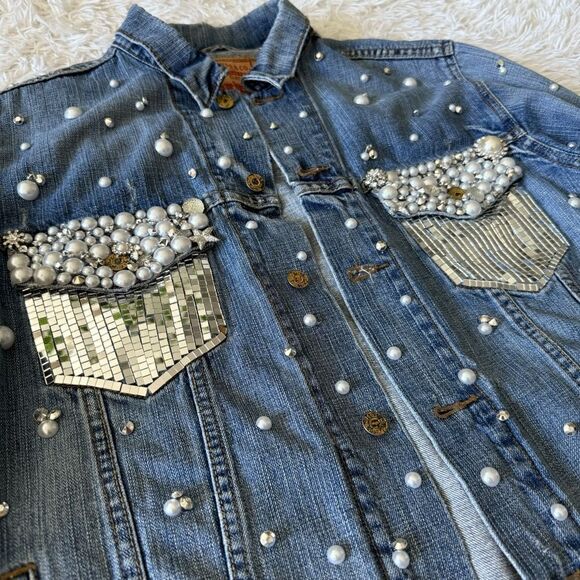 Levi’s Custom Rhinestone Cowgirl Bachelorette Disco Fringe Jean Jacket Size L - Picture 11 of 11